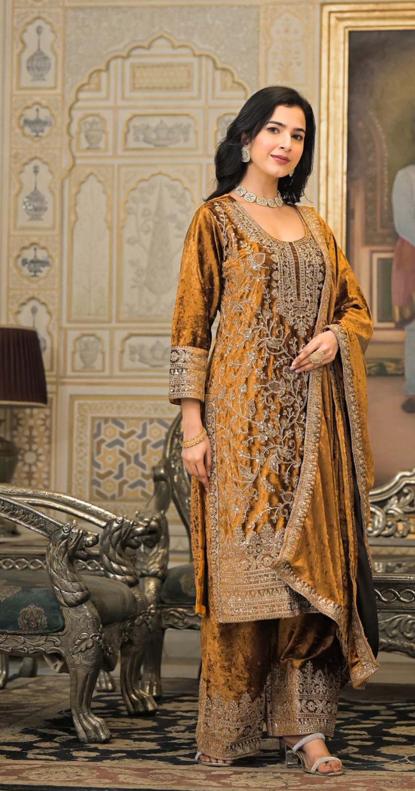 Velvet Plazzo Suit Set With Heavy Embroidery