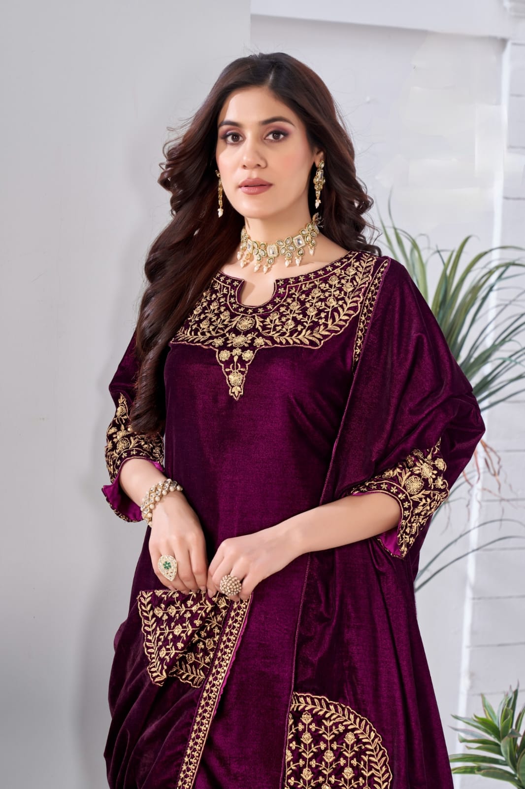 Velvet Salwar Suit Set With Embroidery