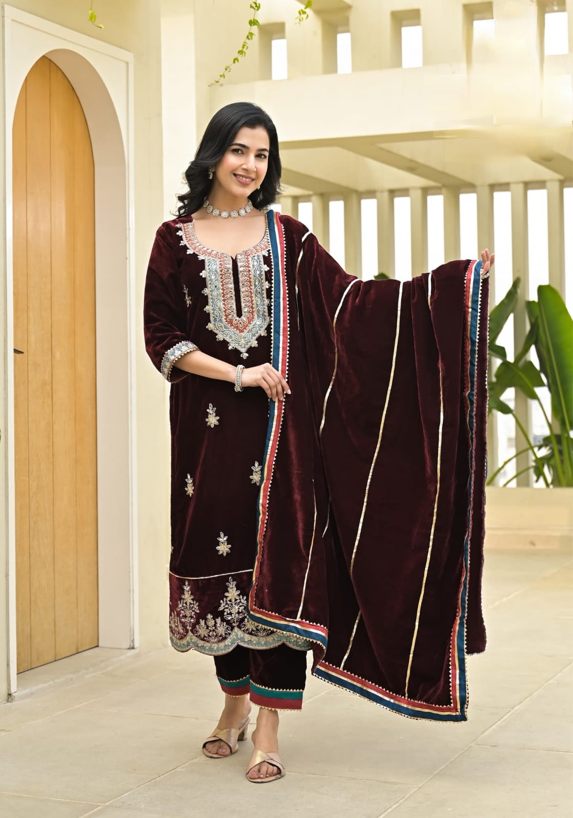 Velvet Suit Set With Pants With Cording Embroidery Work