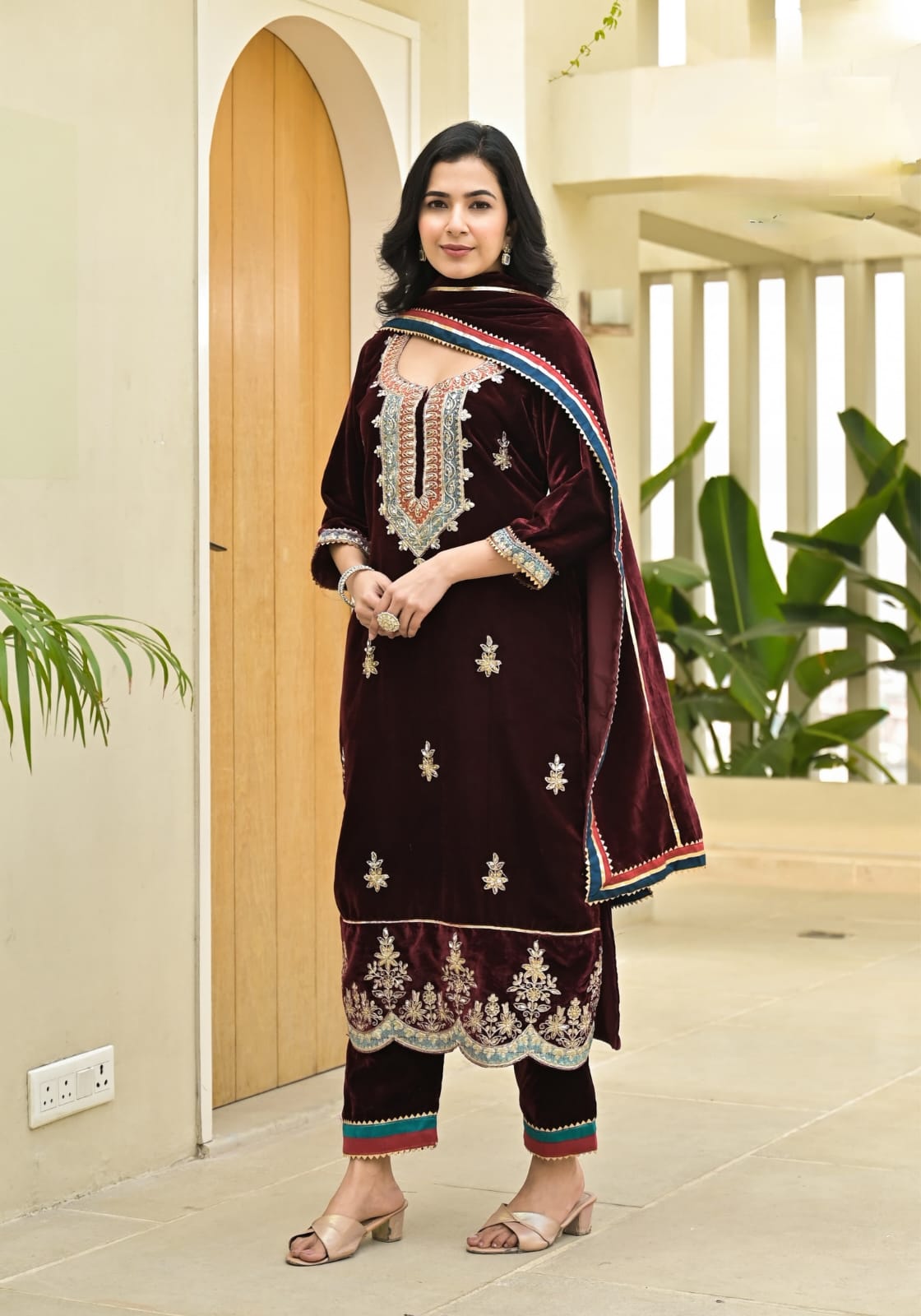 Velvet Suit Set With Pants With Cording Embroidery Work