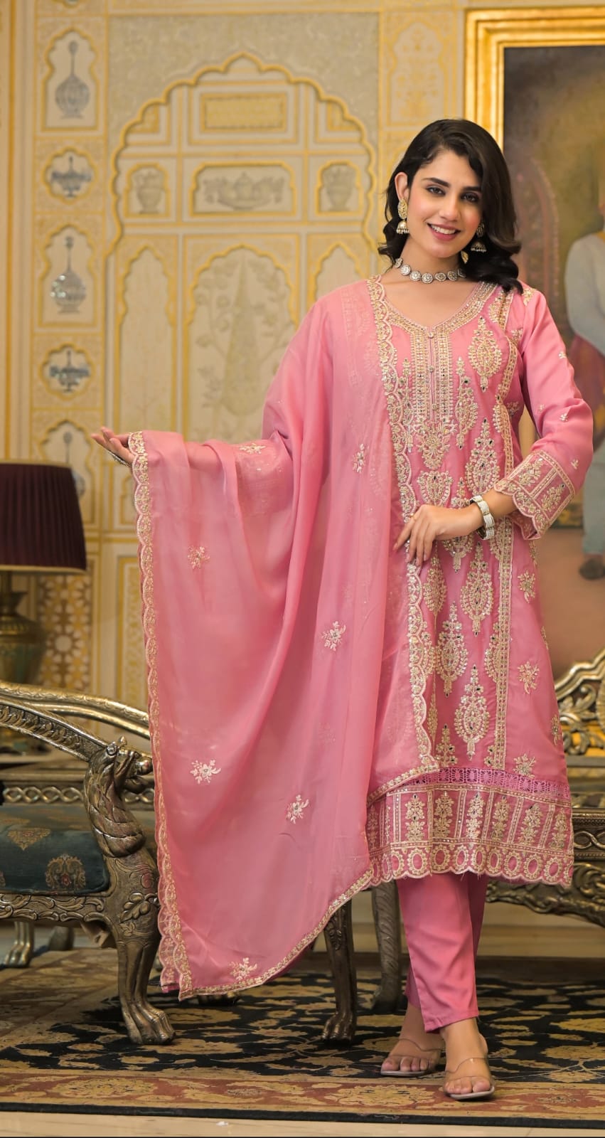 Soft Organza Suit Suit With Heavy Embroidery And Hand Pasted Mirrors