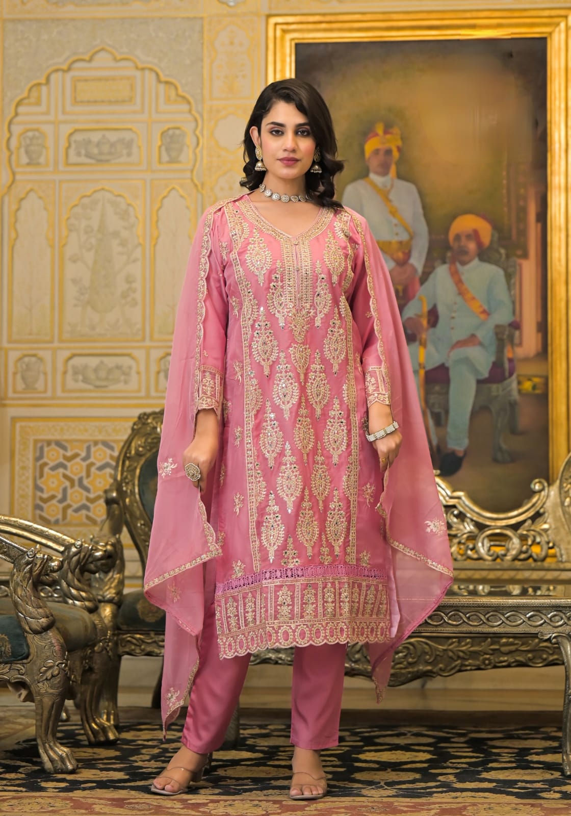 Soft Organza Suit Suit With Heavy Embroidery And Hand Pasted Mirrors