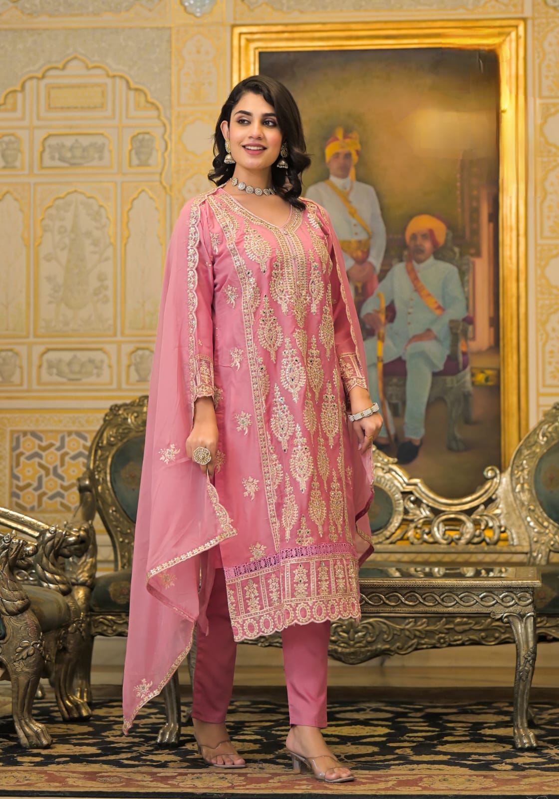 Soft Organza Suit Suit With Heavy Embroidery And Hand Pasted Mirrors