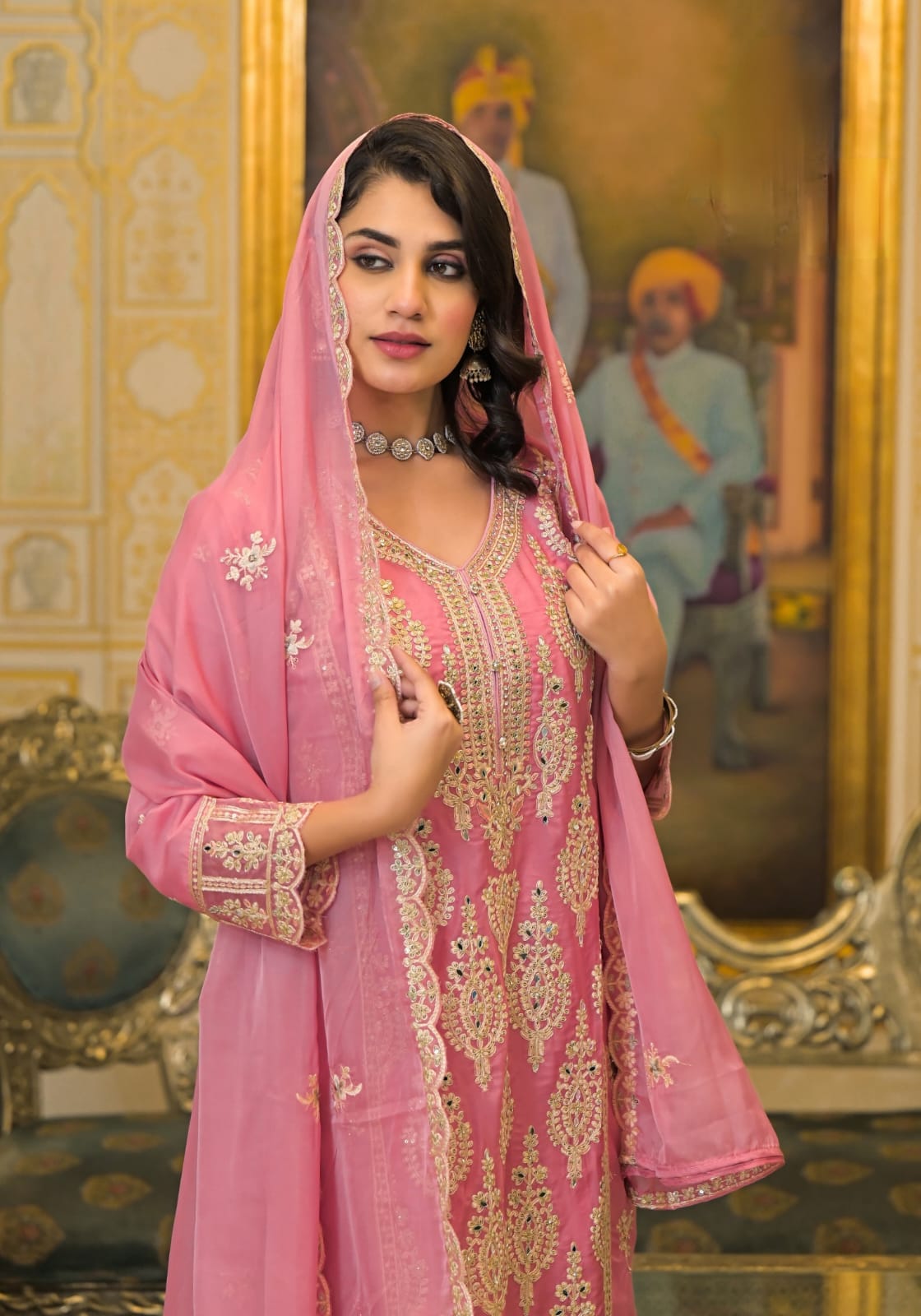 Soft Organza Suit Suit With Heavy Embroidery And Hand Pasted Mirrors