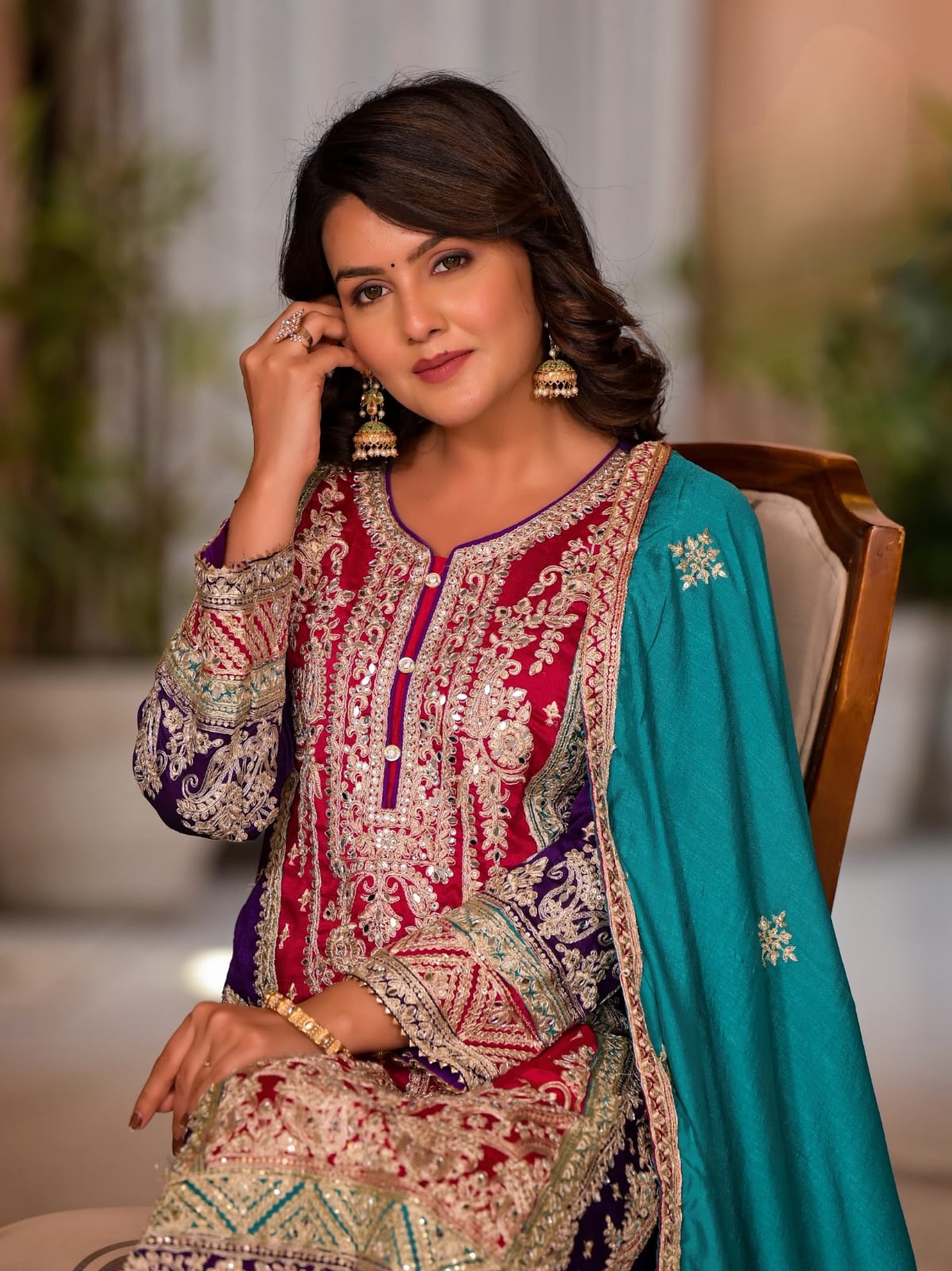 Premium Silk Plazo Set With Heavy Embroidery With Hand Pasted Real Mirror