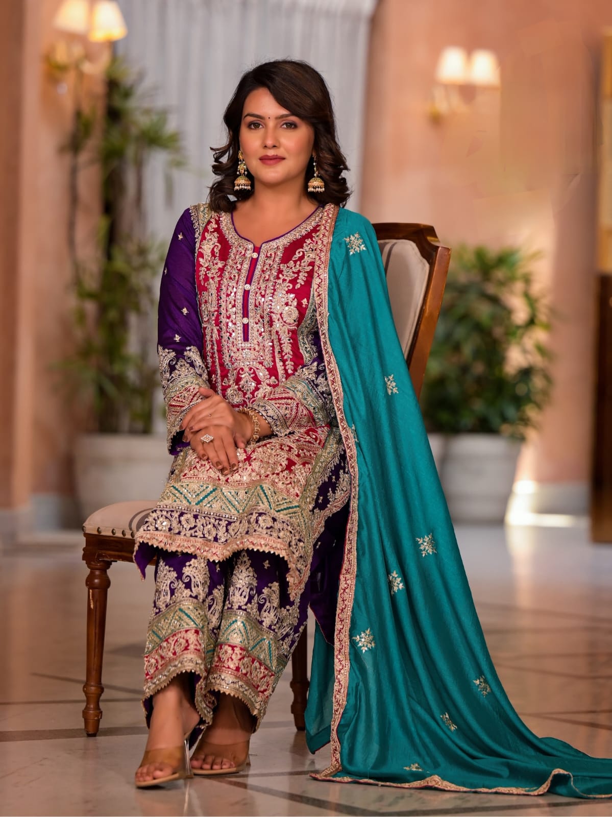 Premium Silk Plazo Set With Heavy Embroidery With Hand Pasted Real Mirror