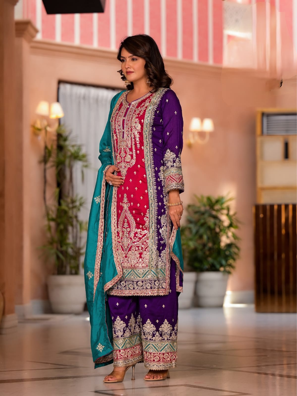 Premium Silk Plazo Set With Heavy Embroidery With Hand Pasted Real Mirror