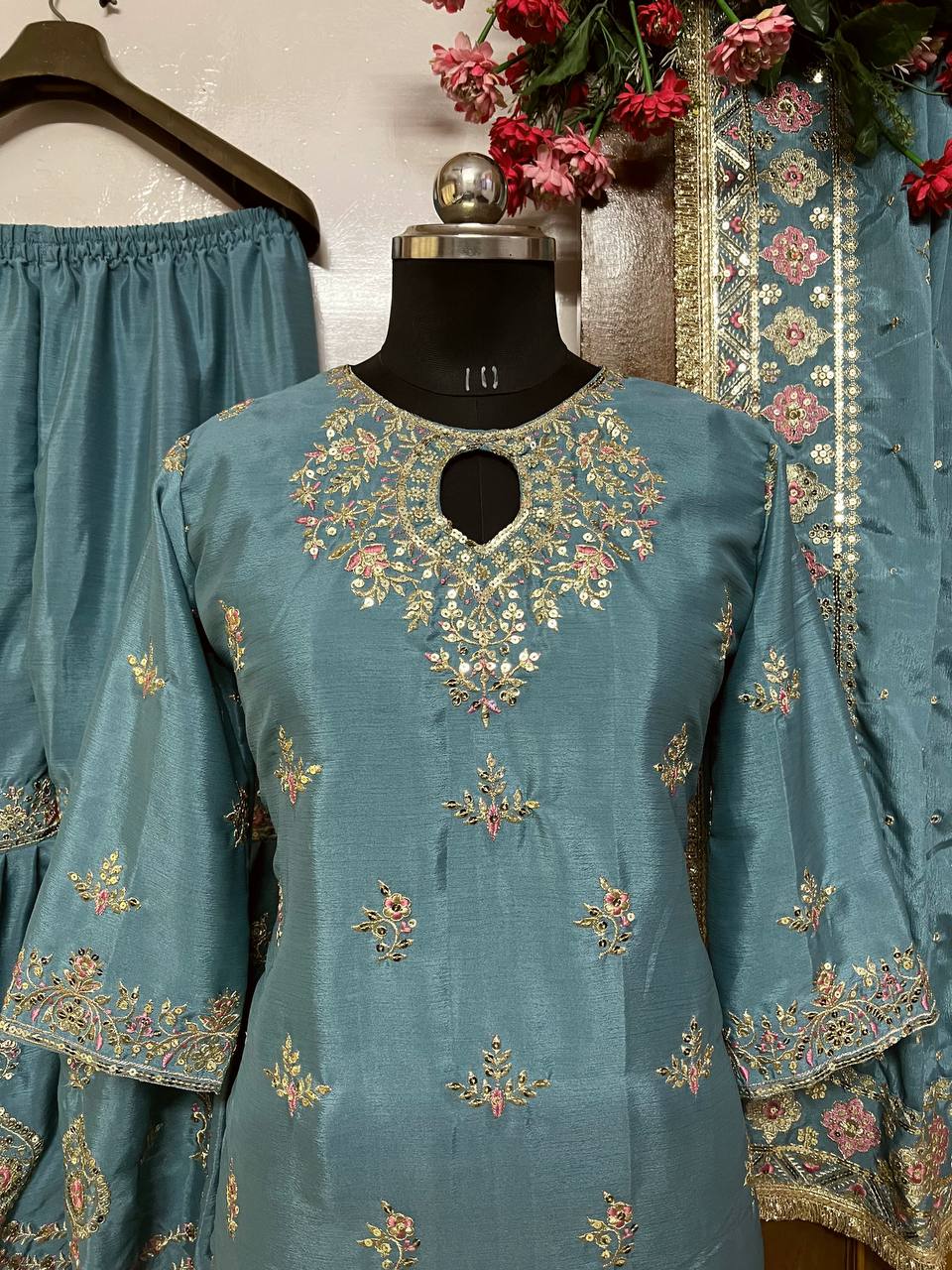 Garara Set In luxurious Chinon Silk With Thread Embroidery work - Greyish Blue