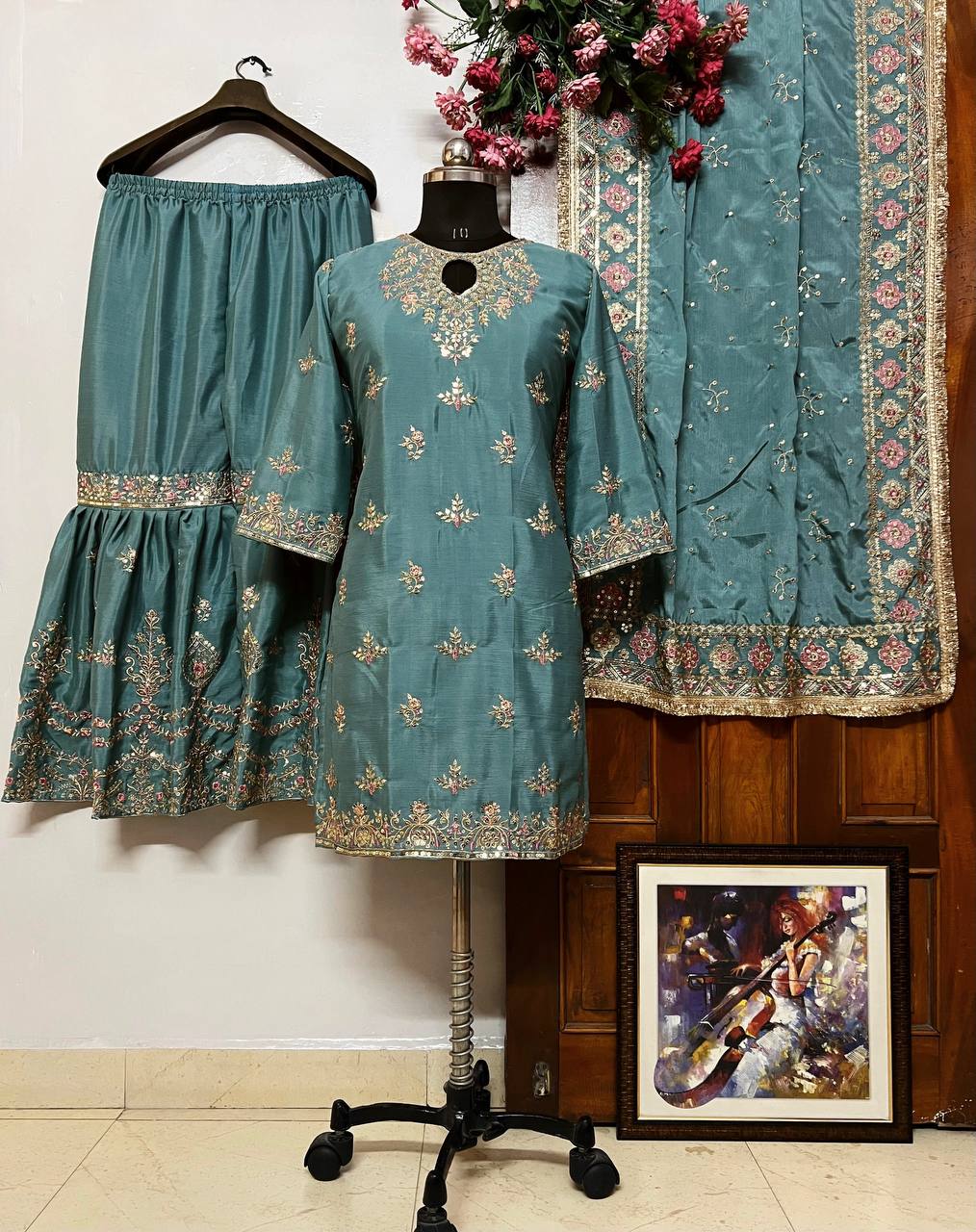 Garara Set In luxurious Chinon Silk With Thread Embroidery work - Greyish Blue