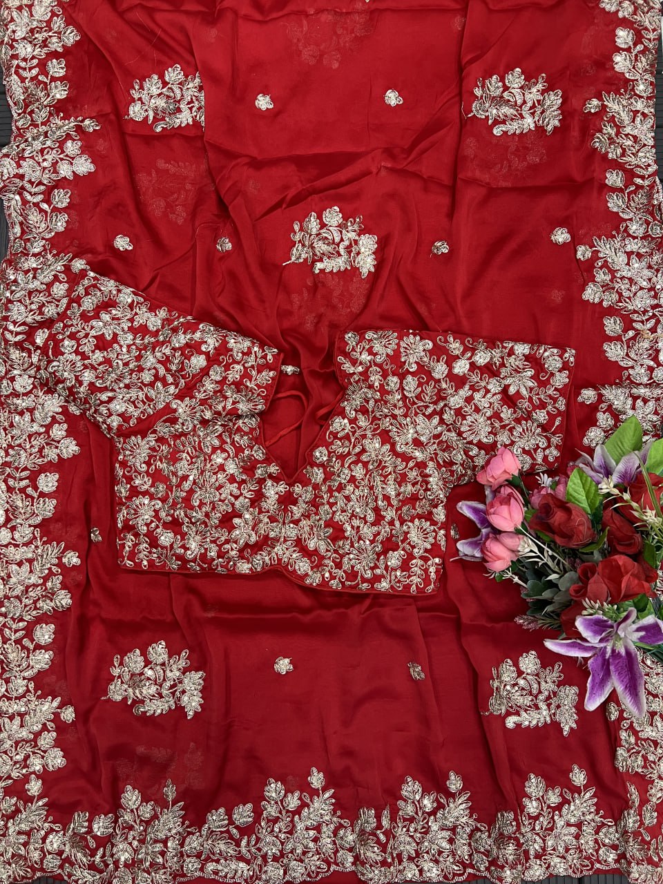 Designer Saree with Heavy Embroidery Work & Ready To Wear Blouse - Red