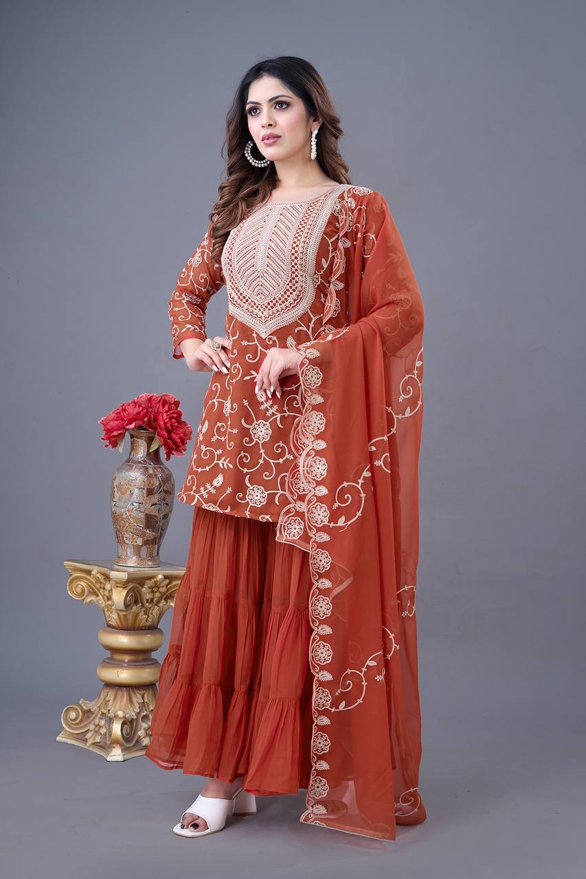 Stunning Designer Party Wear Sharara Set - Rust