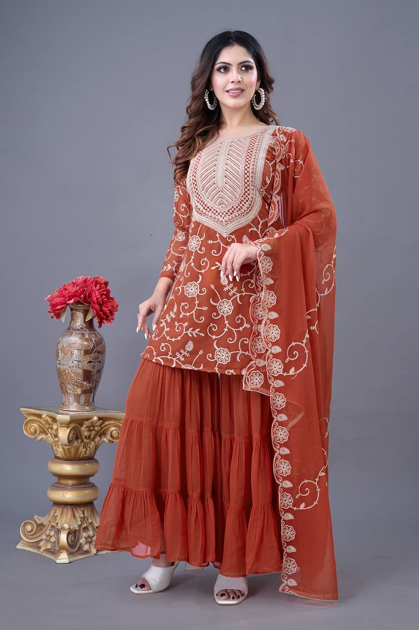 Stunning Designer Party Wear Sharara Set - Rust