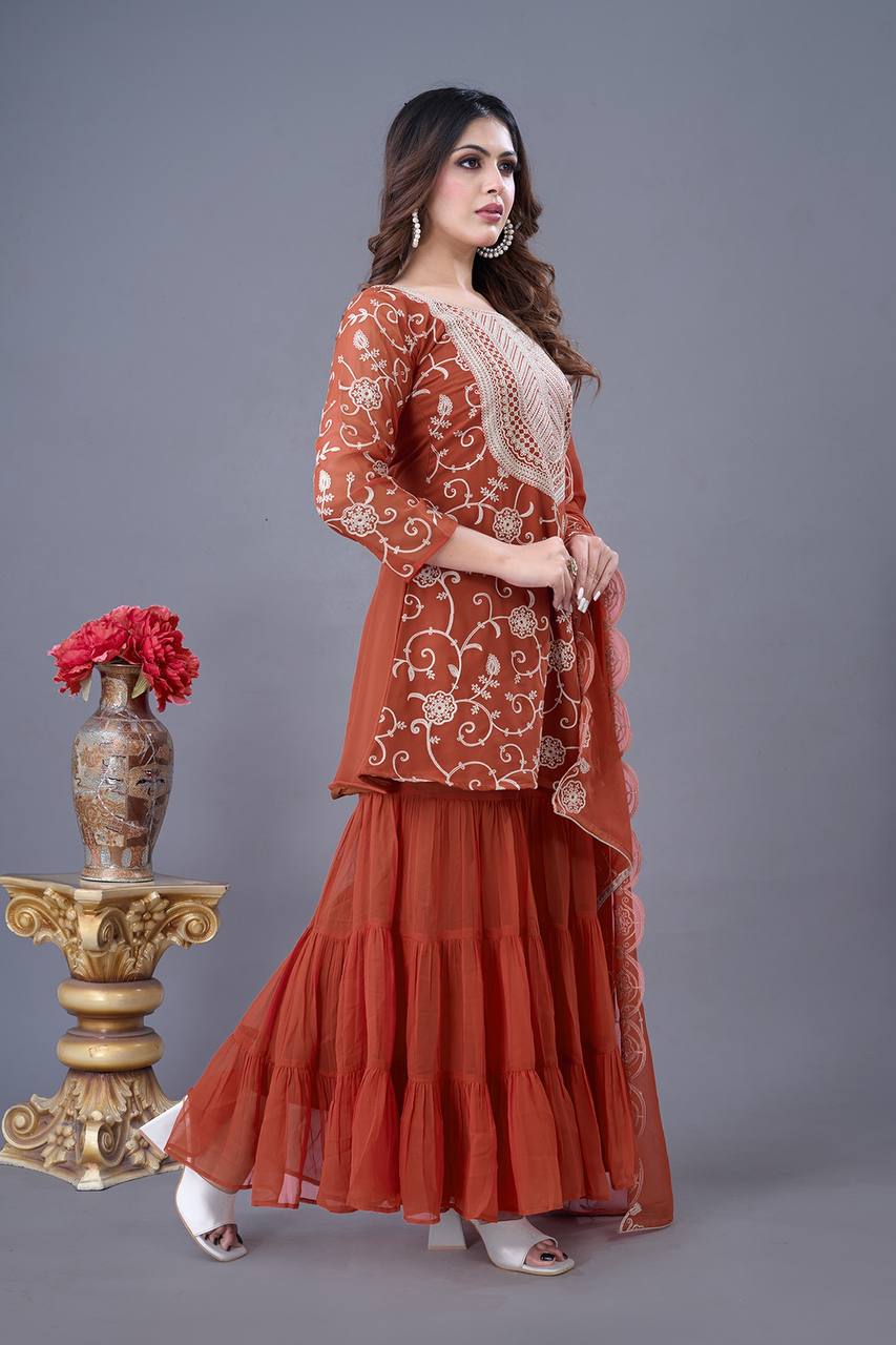 Stunning Designer Party Wear Sharara Set - Rust