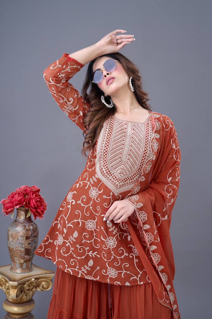 Stunning Designer Party Wear Sharara Set - Rust