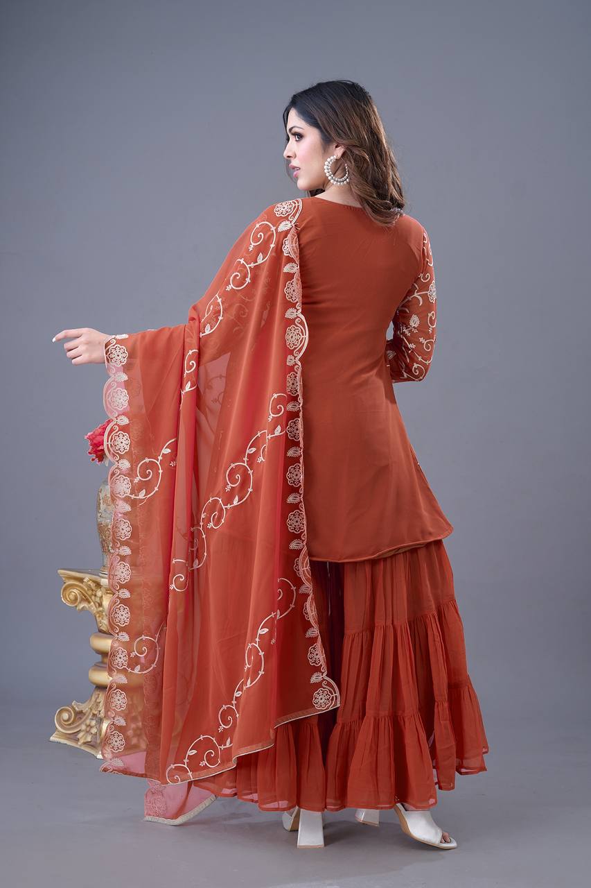 Stunning Designer Party Wear Sharara Set - Rust