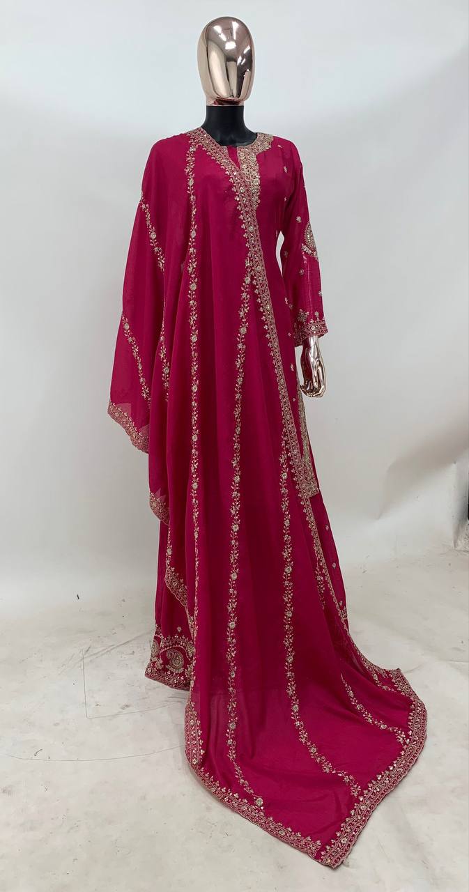 EXQUISITE CHINON GARARA SUIT SET WITH HEAVY EMBROIDERY - HOT PINK