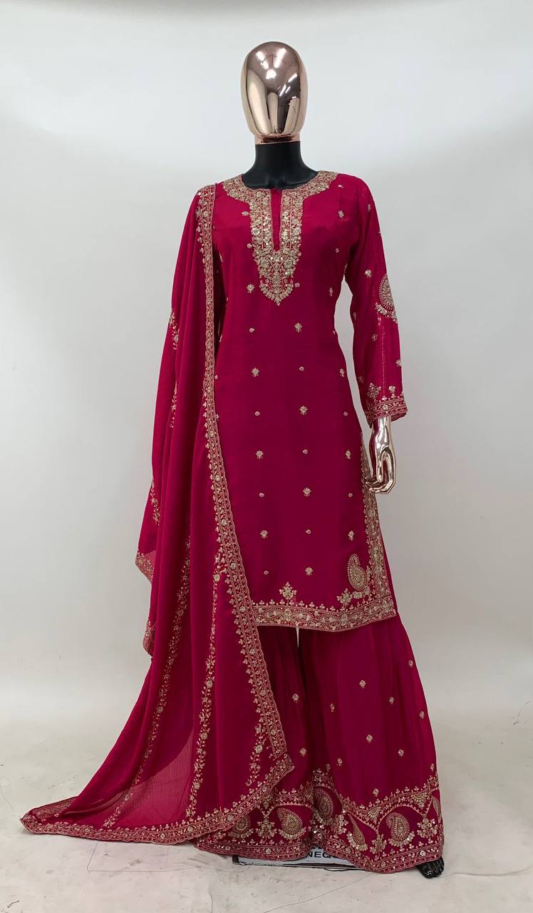 EXQUISITE CHINON GARARA SUIT SET WITH HEAVY EMBROIDERY - HOT PINK