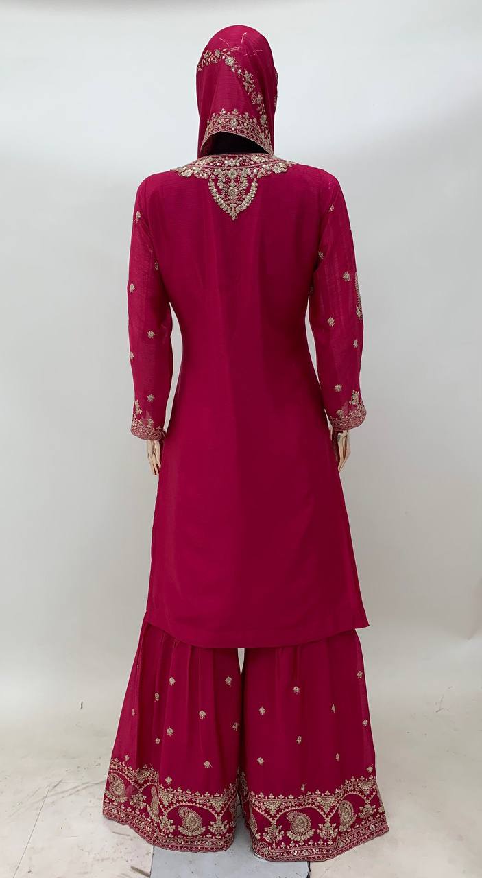 EXQUISITE CHINON GARARA SUIT SET WITH HEAVY EMBROIDERY - HOT PINK