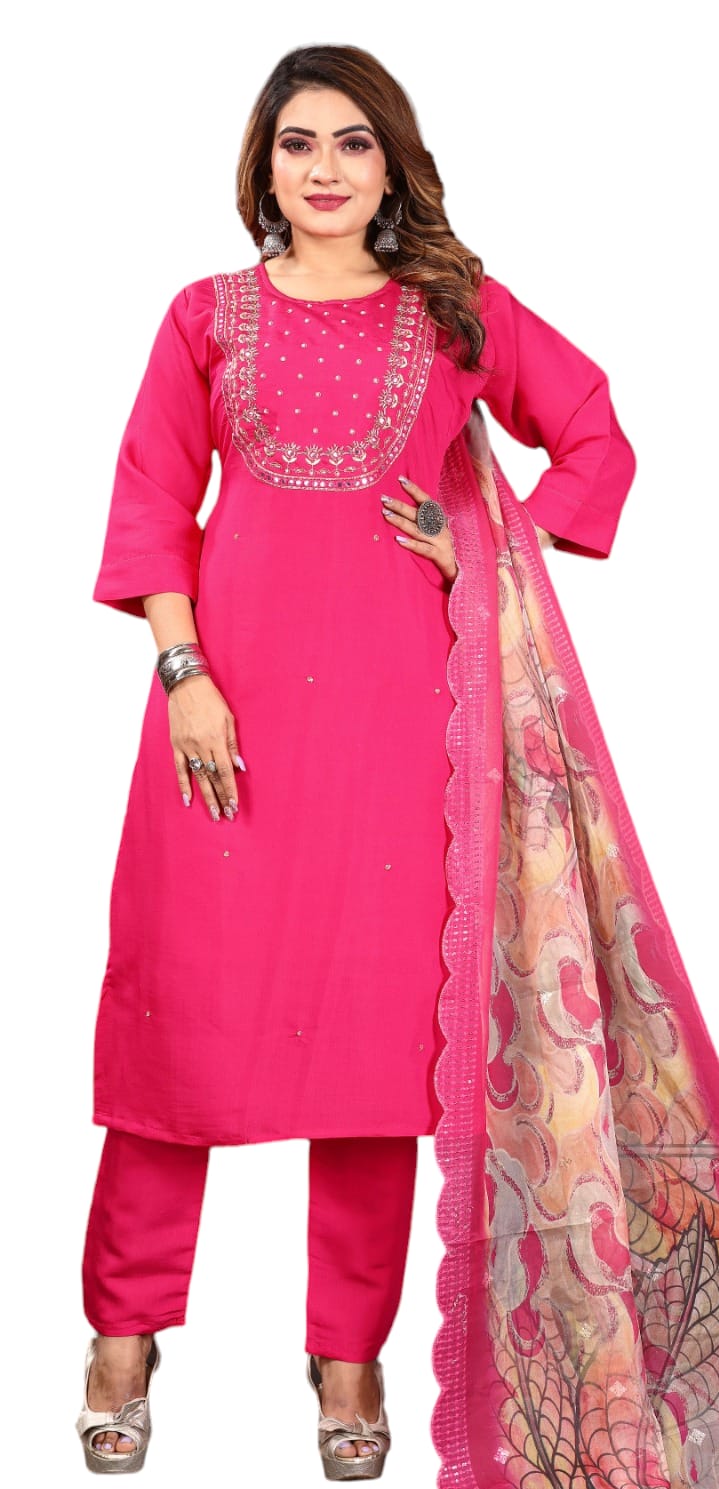 Straight Kurta Set With Dupatta - Hot Pink