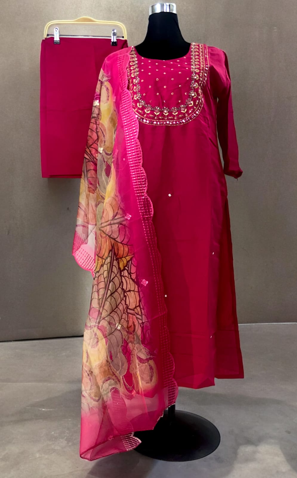 Straight Kurta Set With Dupatta - Hot Pink