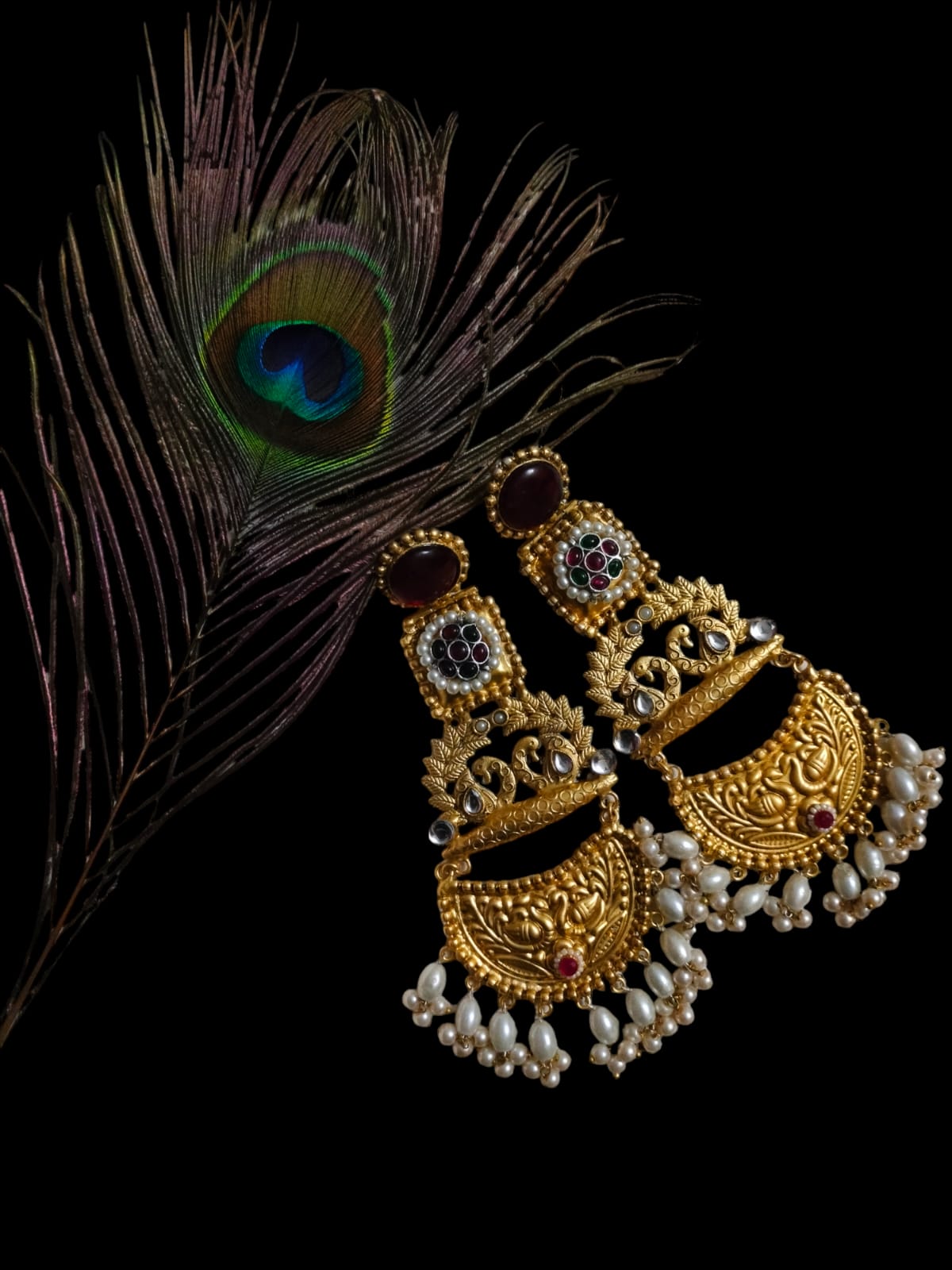 Brass Earrings With Handmade Thapa Work With Monalisa Stone