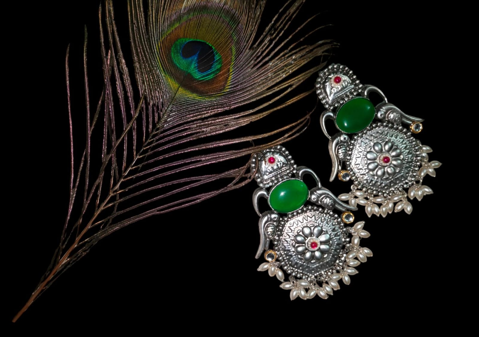 Handmade Thapa Work Silver Replica Earrings With Monalisa Stone