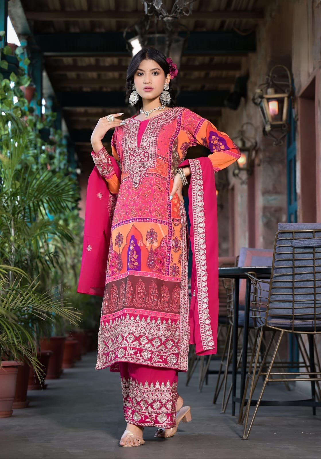 Pakistani Style Plazzo Suit With Dupatta - Multi Color