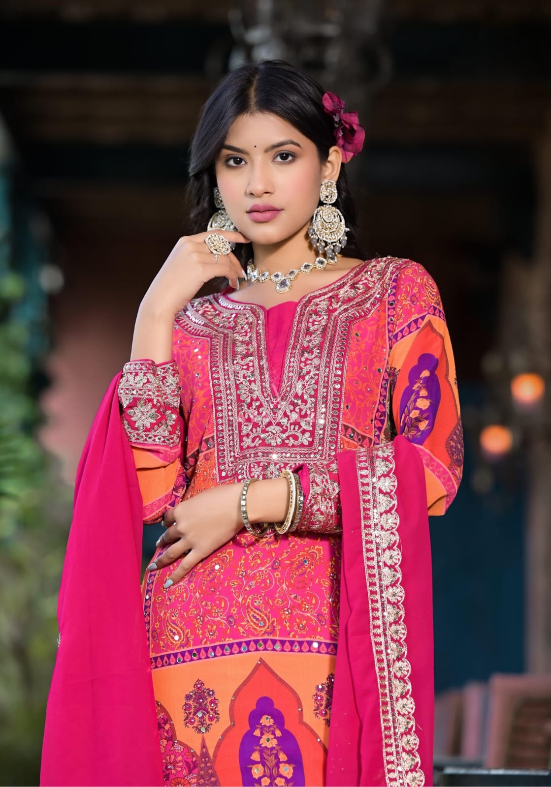 Pakistani Style Plazzo Suit With Dupatta - Multi Color