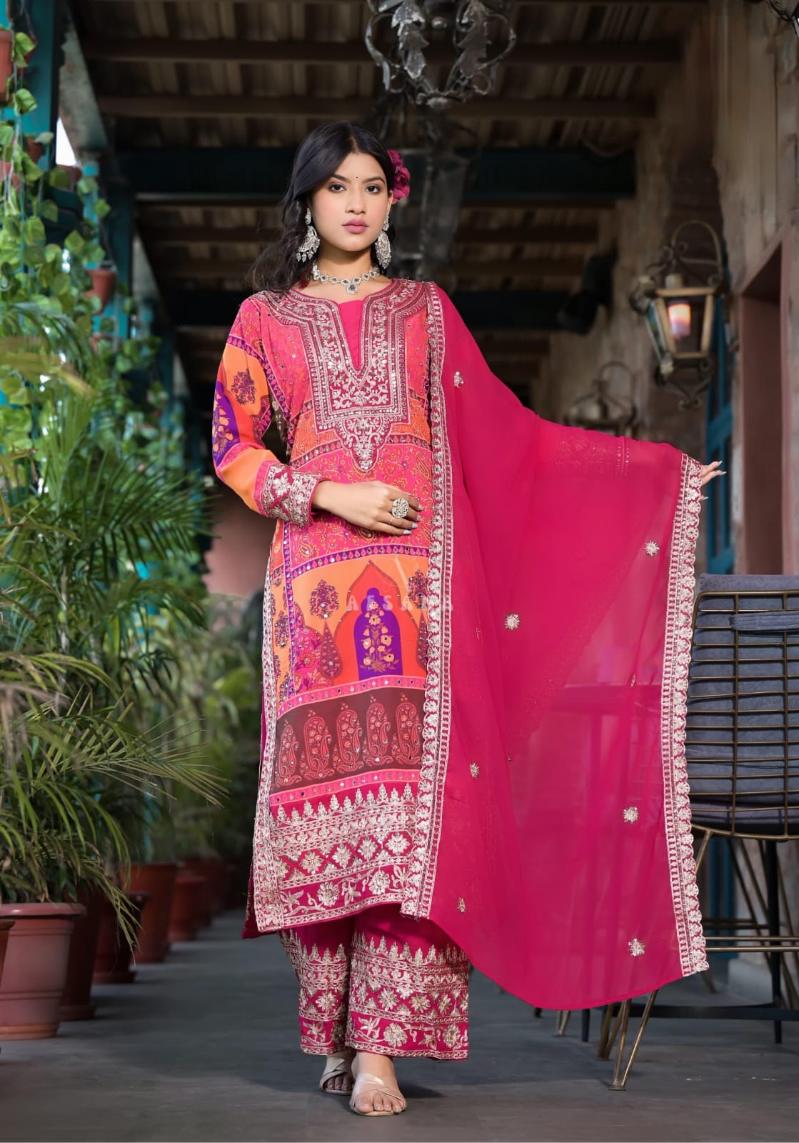 Pakistani Style Plazzo Suit With Dupatta - Multi Color