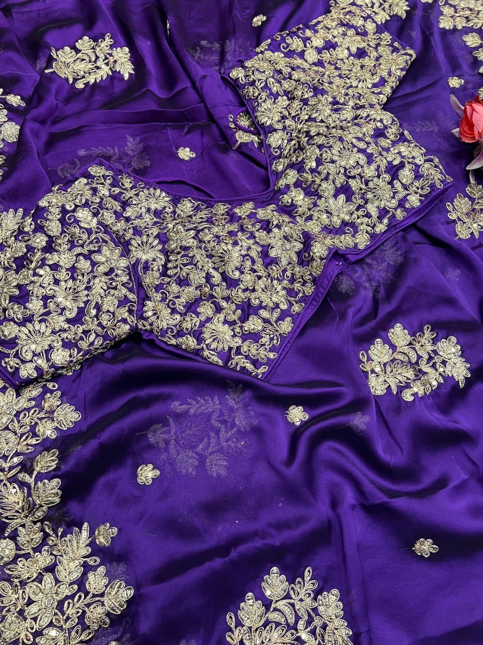 Designer Saree With Heavy Embroidery Work & Ready To Wear Blouse  - Dark Purple